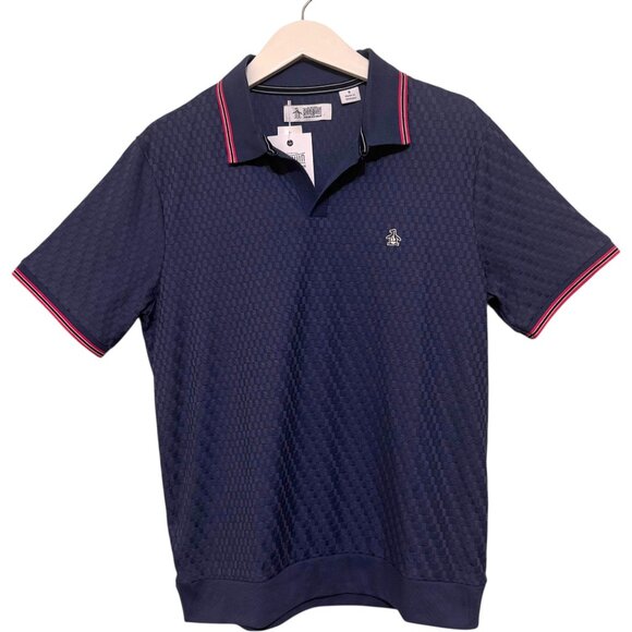 NWT Original Penguin Mens Jacquard Polo Shirt Navy Blue Red Stripe Size M - Picture 1 of 11